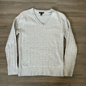Vintage Style Tommy Hilfiger 100% Cotton Cable Knit V Neck Grey Sweater